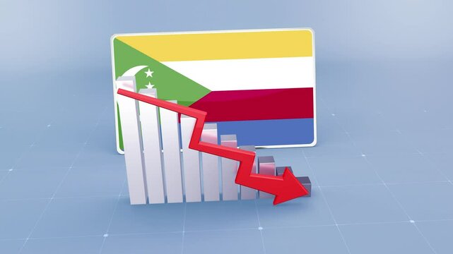Comoros Country Flag and Bar Chart Graph Showing Decreasing Values a Red Arrow Economic Crisis Concept. Flag of the Comoros