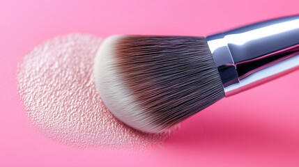 Detailed close-up of a makeup brush in motion on a woman’s skin, highlighting the fine texture of her complexion