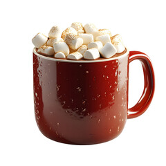 A red mug overflowing with hot chocolate and marshmallows with specks of gold on the marshmallows