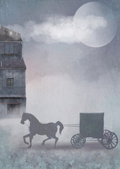 A carriage with a horse drives away from an old Victorian house at dawn