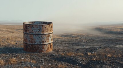 Naklejka premium Rusty barrel in an arid landscape with distant hills and hazy sky during the early morning light