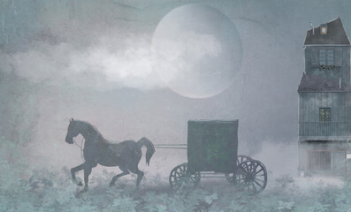 A carriage with a horse drives away from an old Victorian house at dawn