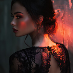 digital art, fashion editorial, a close portrait of beautiful darkhaired woman is studio in fashionable black lace dress with pink and orange light on her back, 