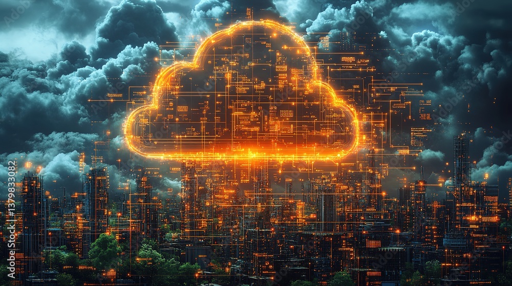 Poster cloud computing infrastructure visualized over a metropolitan skyline with stormy skies