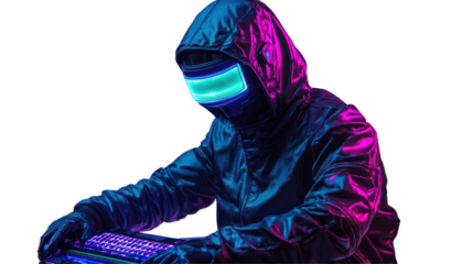 Futuristic cyber hacker with glowing visor, black jacket, and vibrant neon lights, working on keyboard in dark environment