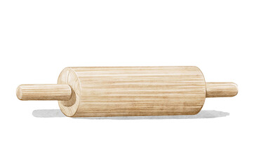 Cartoon cute cooking wooden kitchen rolling pin for rolling out dough isolated on white background. Watercolor and pencil hand drawn illustration sketch