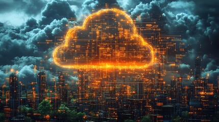 Cloud Computing Infrastructure Visualized Over a Metropolitan Skyline with Stormy Skies