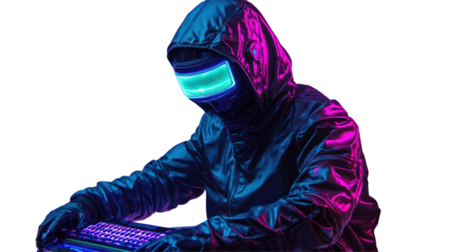 Futuristic cyber hacker with glowing visor, black jacket, and vibrant neon lights, working on keyboard in dark environment