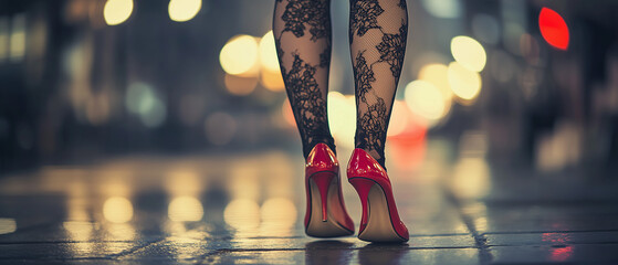 Elegant close-up of a woman’s legs in red heels and black lace stockings, walking on a city street at night