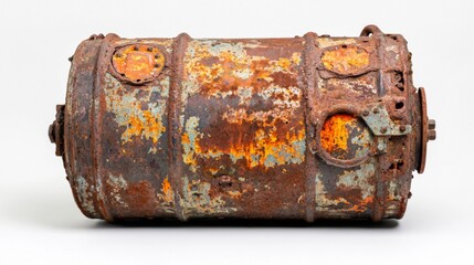 Old rusty metal cylinder located in an industrial area displaying significant wear and decay over time