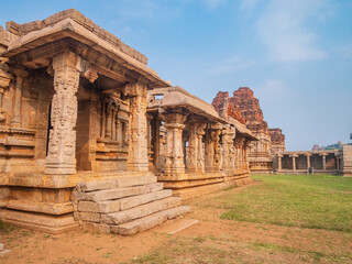 amazing temple complex at Hampi, world famous unesco site, ancient stone walls and mysterious gateways in Karnataka, India