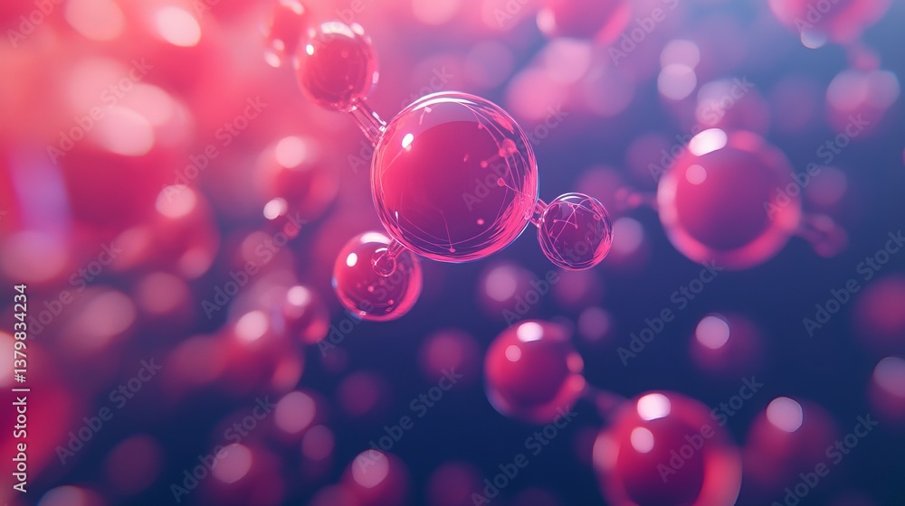 Poster close up view of a group of connected red spheres floating in a dark blue and pink background