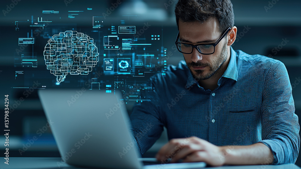 Poster man deeply focused on researching AI technologies, surrounded by digital brain graphics, works on laptop in modern office setting. atmosphere is innovative and tech driven