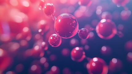 Close up view of a group of connected red spheres floating in a dark blue and pink background