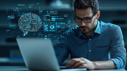 man deeply focused on researching AI technologies, surrounded by digital brain graphics, works on laptop in modern office setting. atmosphere is innovative and tech driven