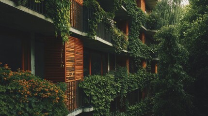 Urban greenery intertwines with architecture in a serene residential complex surrounded by lush plants