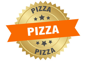 pizza. pizza round orange and gold label isolated on transparent background