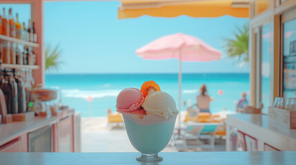 Colorful cup of ice cream with pink and vanilla scoops decorated with orange slice, placed on beach bar counter, view of ocean, umbrellas, lounge chairs in the background. Tropical summer refreshment