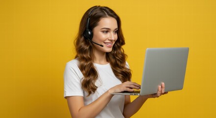 Portrait of a woman with a yellow background carrying a laptop