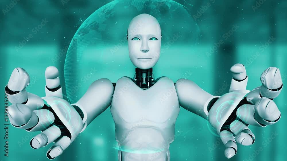 Poster ai hominoid robot holding virtual hologram screen showing concept of big data analytic using artific