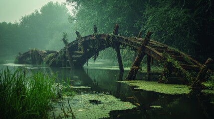 Naklejka premium Old wooden bridge partially submerged in a misty pond surrounded by lush greenery at dawn