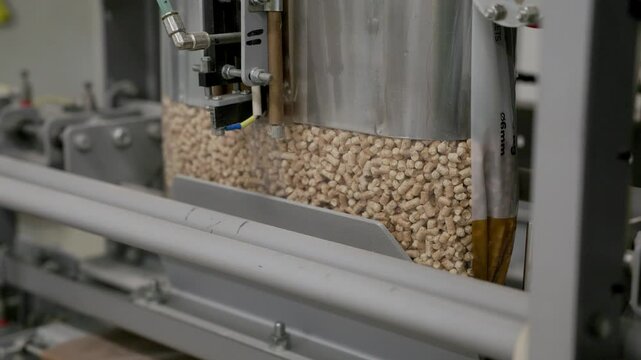 Close-up of a machine in a biomass facility filling bags with wood pellets, showcasing renewable energy production and eco-friendly fuel packaging automation
