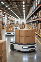 A highly automated warehouse, where AGVs autonomously transport boxes to their destinations