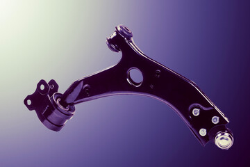 Automotive control arm with hinge and bushings displayed on a plain background for engineering...