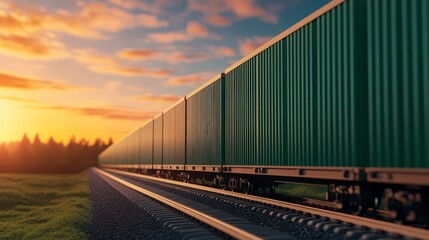 Obraz premium High-Speed Cargo Train Transporting Goods at Sunset Along Scenic Railroad Tracks