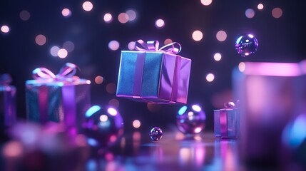 Enchanting Celebration: A Symphony of Gifts and Sparkling Spheres in Neon Hues