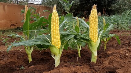 Obraz premium Emerging maize plants with smart agriculture analytics tracking soil health and nutrient levels.