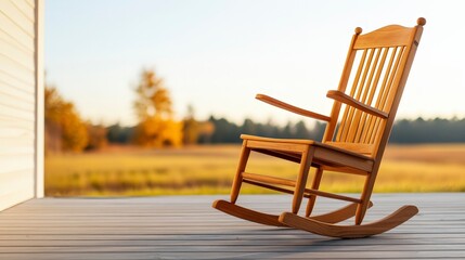 Hand-Carved Wooden Rocking Chair on the Porch with Scenic Autumn Background