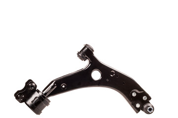 Automotive control arm with hinge and bushings displayed on a plain background for engineering analysis and design purposes