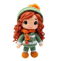 Knitted doll. Handmade doll toy isolated on transparent background.