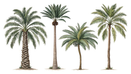Group of Elegant Palm Trees with Tall Trunks and Green Fronds, Isolated on White Background
