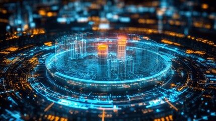 Futuristic stock market screen displaying rising nuclear energy investments with a D nuclear reactor hologram.