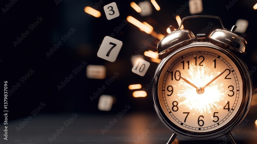 Poster existence clock time vintage alarm concept. vintage alarm clock with sparks and floating numbers aro