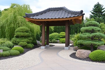 Fototapeta premium A Japanese Zen garden with carefully raked gravel, bonsai trees, and a red torii gate