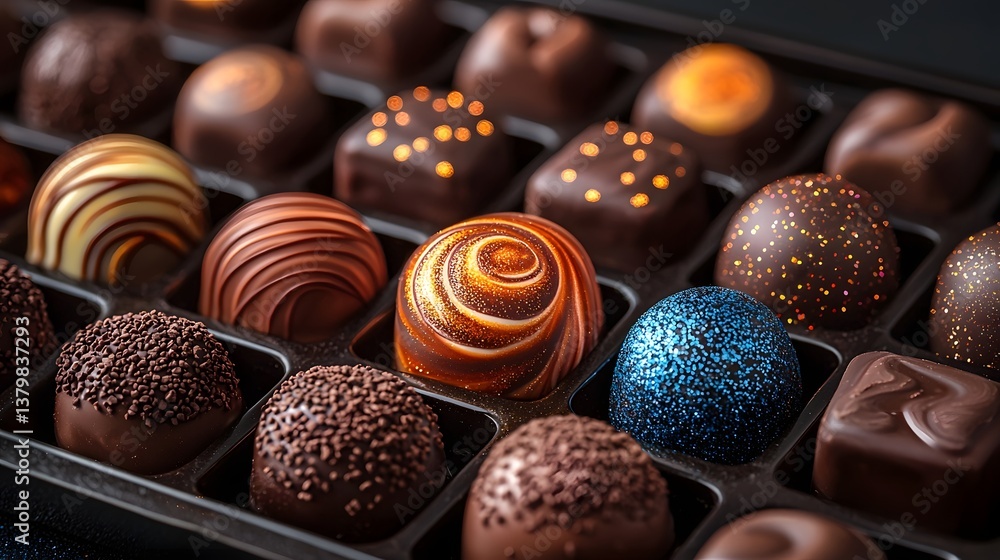 Poster A decadent array of hand crafted chocolate pralines in an display