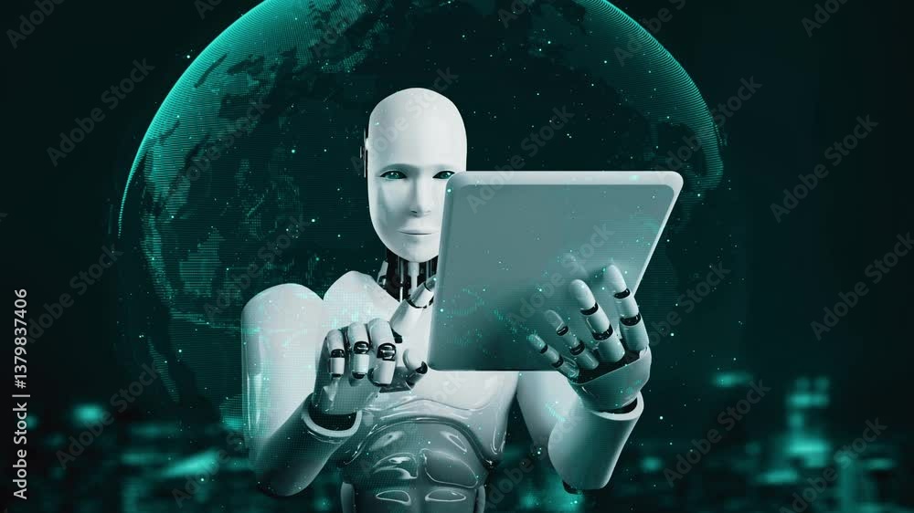 Poster futuristic robot artificial intelligence huminoid ai for industrial factory technology development a