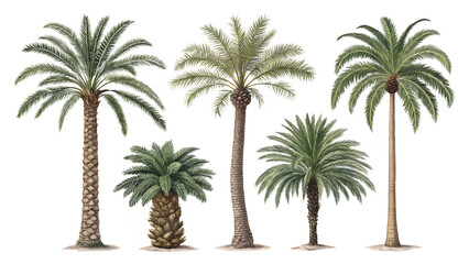 Group of Elegant Palm Trees with Tall Trunks and Green Fronds, Isolated on White Background