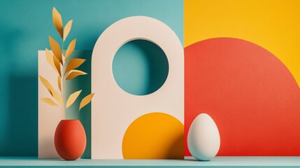 Fototapeta premium Cubist Easter Still Life with Geometric Shapes and Colorful Background in Modern Design Aesthetic