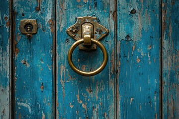 Fototapeta premium Antique brass door knocker on a weathered teal wooden door, showcasing age and texture.