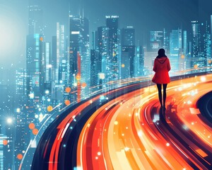 Fototapeta premium A silhouette of a figure in a red coat walks along a vibrant, illuminated path with a futuristic city skyline in the background.