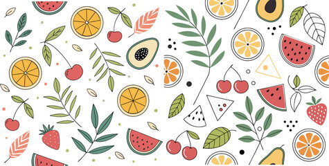 Stylized Fruit & Leaf Pattern - Seamless, Nature-Inspired Digital Print with Bright Colors, Playful Design, and Flat Modern Aesthetic