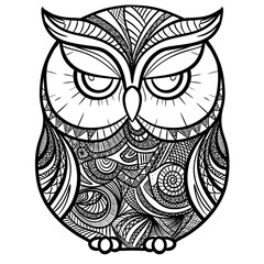 Vector hand drawn illustration of an owl. Zen doodle and zen tangle drawing with a pattern, anti-stress coloring