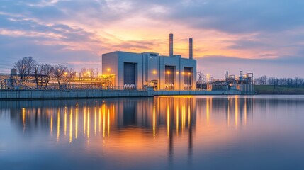 Naklejka premium Power plant at sunset reflected on still water with city lights illuminating the landscape