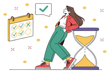 Adobe Illustrator Time Management Concept: Person Pushing Hourglass with Flowing Sand, Illustrating Time Pressure, Deadline, and Personal Growth