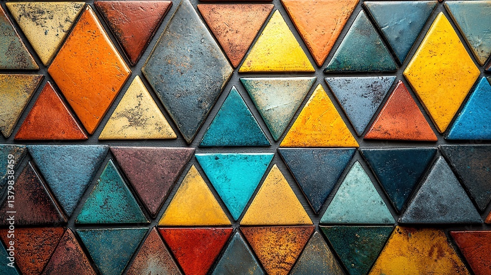Poster abstract triangle mosaic pattern featuring vibrant colors and textured surfaces