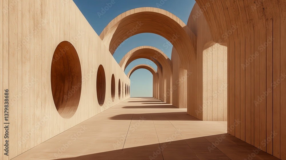 Aufkleber surreal architectural landscape with arched structures and circular openings in warm tones